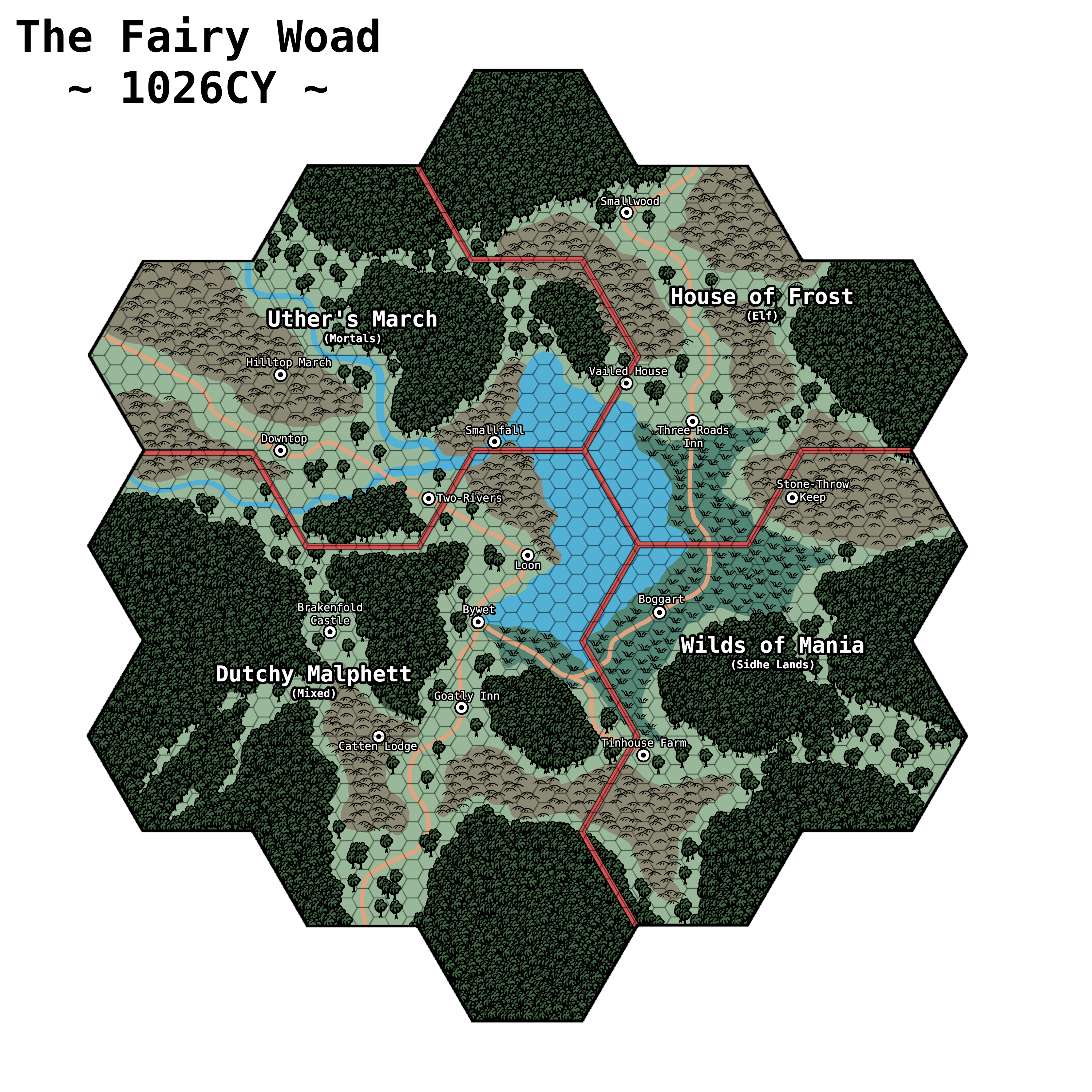 Map of the Woad Woods in 2mi Hexes.